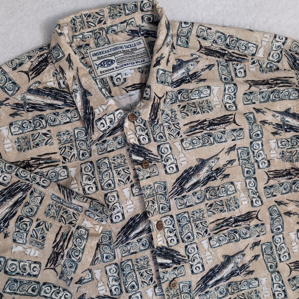 AFTCO Blue Water Shirt Men's L Multicolor Fish Pattern Floral Marlin Hawaiian